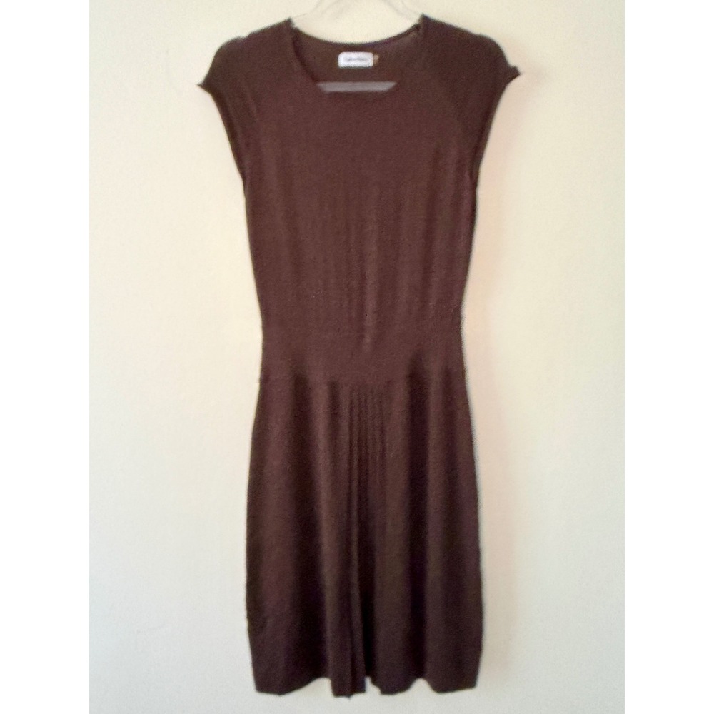 Calvin Klein M Chocolate Brown Knit Pleated Fit & Flare Sweater Dress